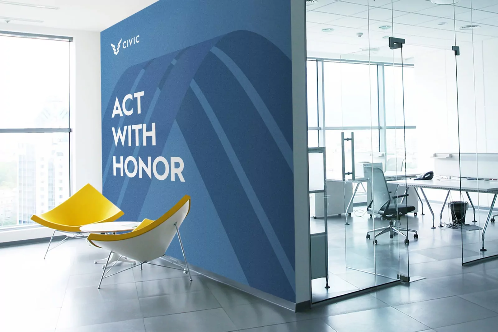 CIVIC office with an Act With Honor wall graphic