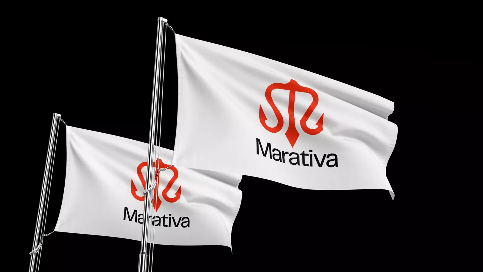 Two white flags with the red Marativa trident mark