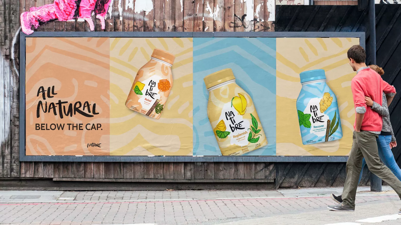 Natibre billboard with three illustrated bottles: All Natural Below the Cap