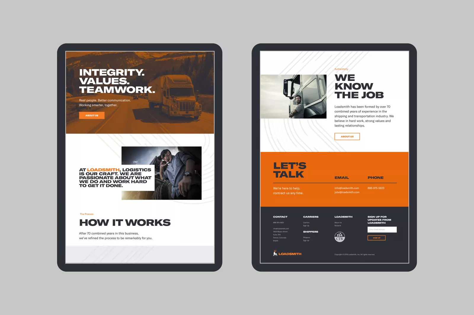 Loadsmith freight website pages on two tablets