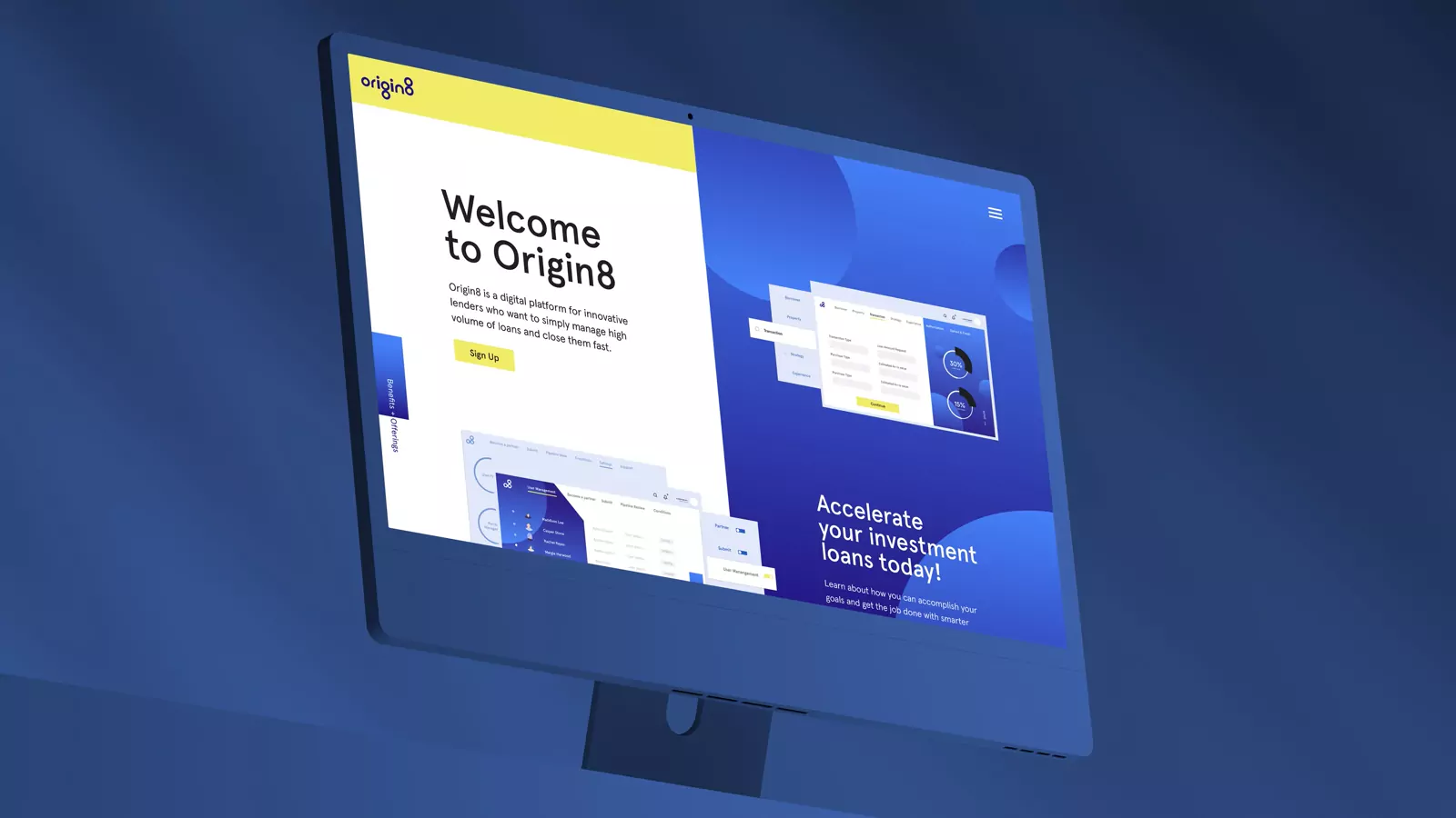 Origin8 lending platform landing page on a desktop monitor